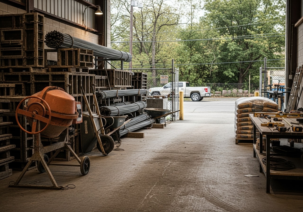 Concrete construction site with tools and equipment ready for work, showcasing professional job setup.