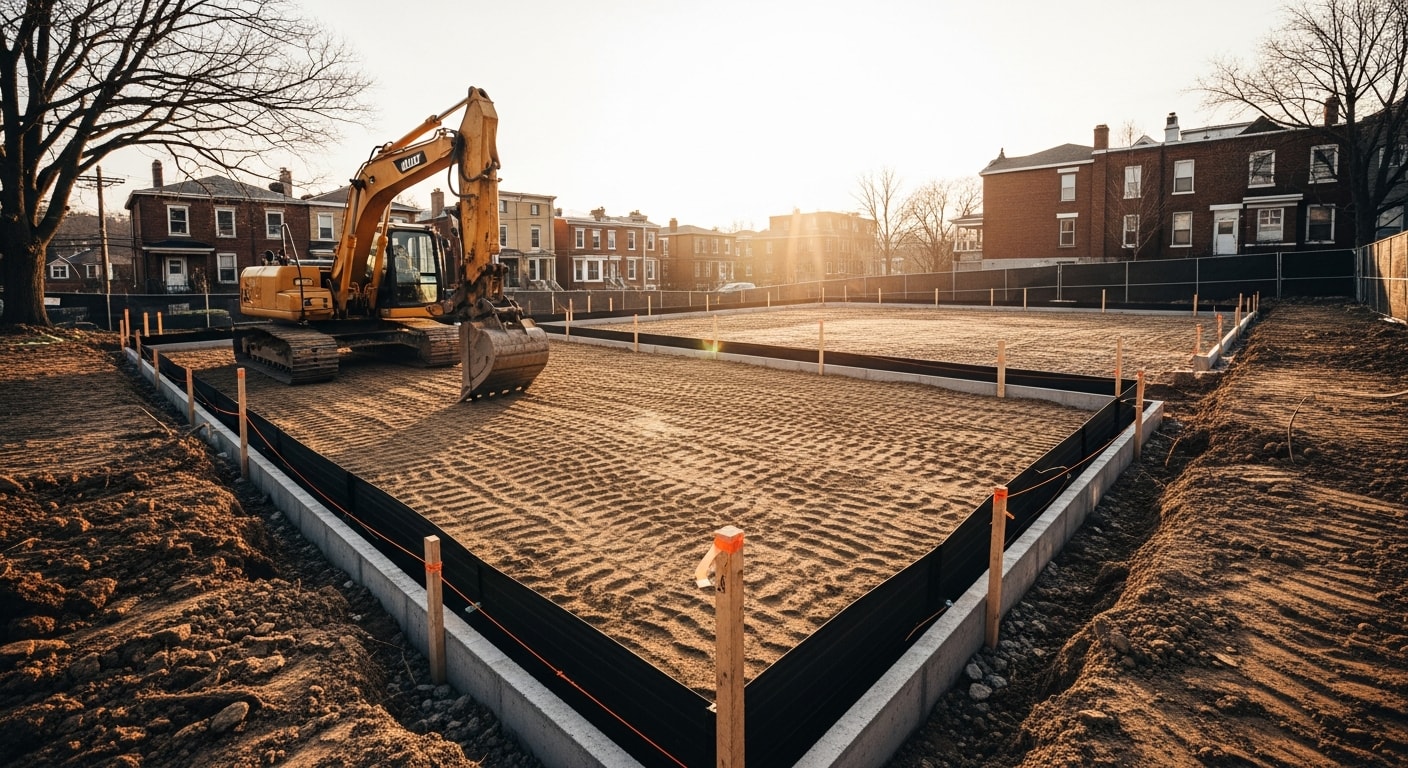 Excavation equipment preparing construction site