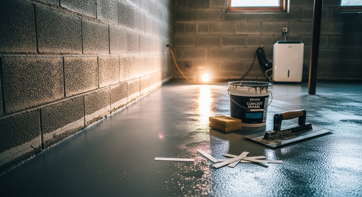 A finished basement concrete floor in a Pittsburgh home, showing a smooth, sealed gray surface with clean edges along the foundation walls. The below-grade space is dry and ready for use as a living area.