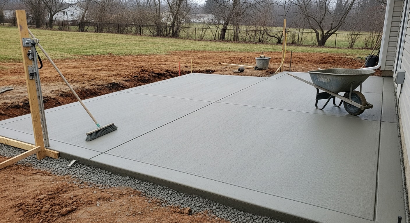 Freshly poured brushed concrete patio installed by George Construction LLC in a Pittsburgh residential backyard. The slab sits level on a graded lot with clean edges and a slight slope away from the home's foundation.