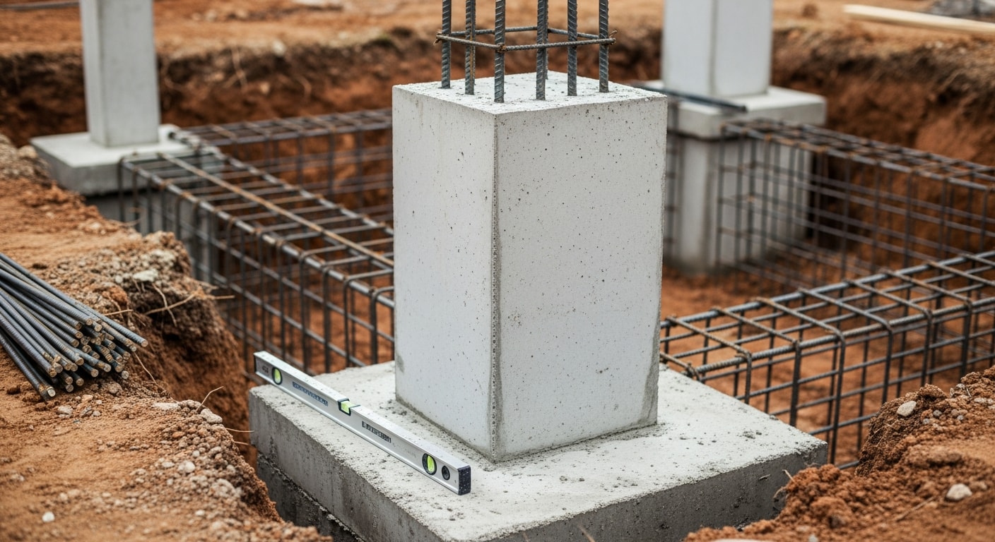 Newly poured reinforced concrete pillars supporting a residential garage structure in Pittsburgh, Pennsylvania. Steel rebar is visible at the base of each column before the final concrete finish is applied.