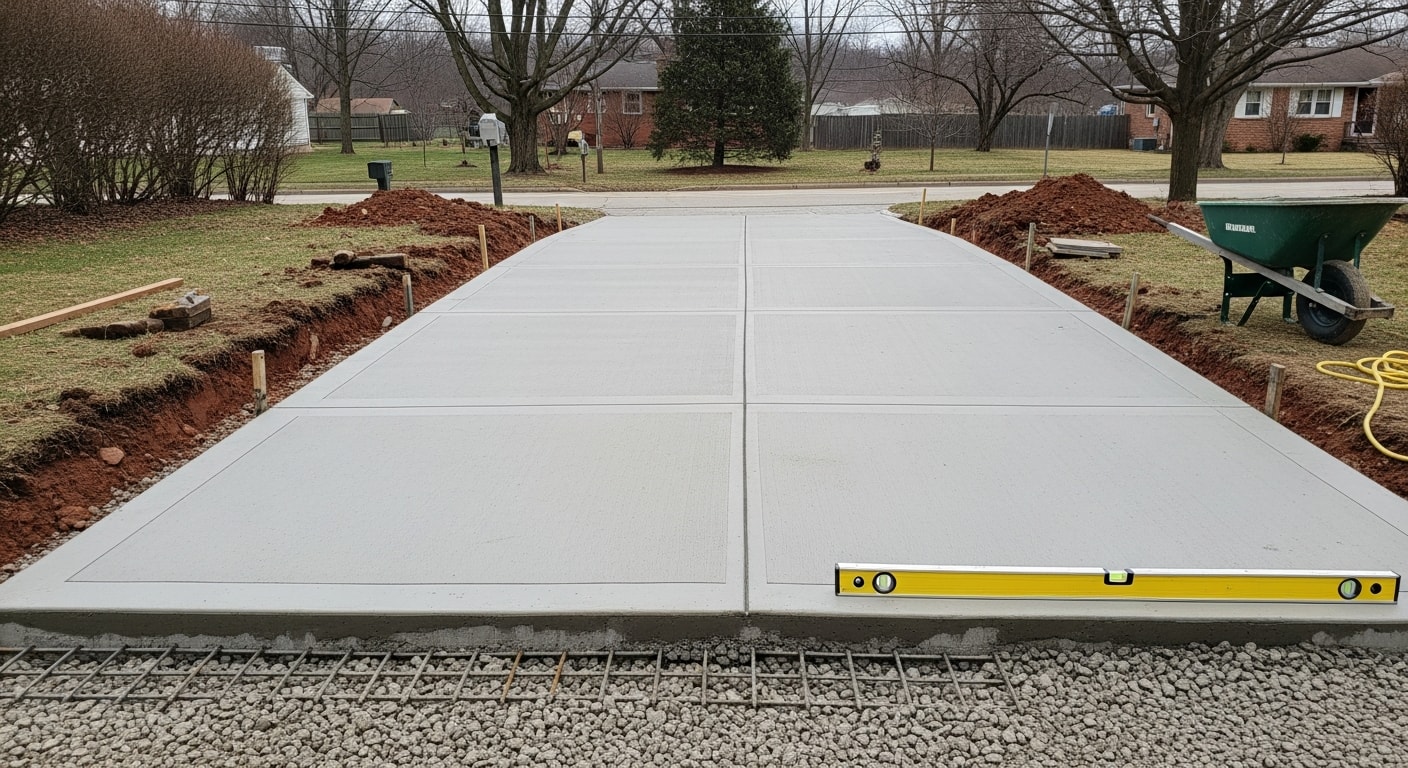 A freshly poured concrete driveway with a broom-textured finish leading to a residential garage in Pittsburgh, PA. The surface shows clean edges, consistent color, and proper slope for drainage.