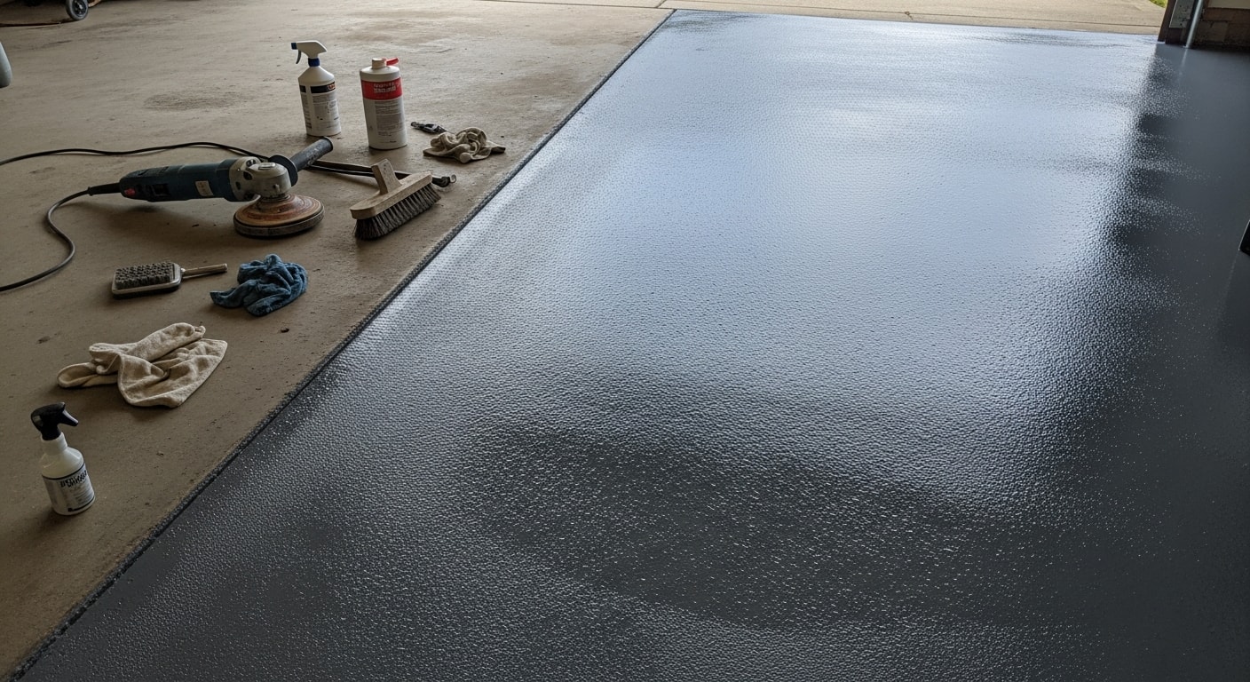 A freshly applied epoxy concrete overlay on a Pittsburgh garage floor, showing a smooth, seamless surface with no visible cracks or staining. The floor reflects overhead lighting and shows a clean, uniform finish consistent with professional concrete work in a residential Pittsburgh property.