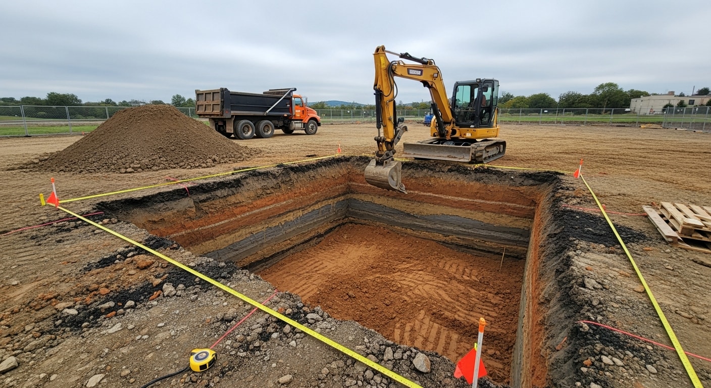 A tracked excavator digging a deep rectangular foundation pit on a residential lot in Pittsburgh, with exposed clay and shale soil walls and a cleared work area surrounding the dig site.