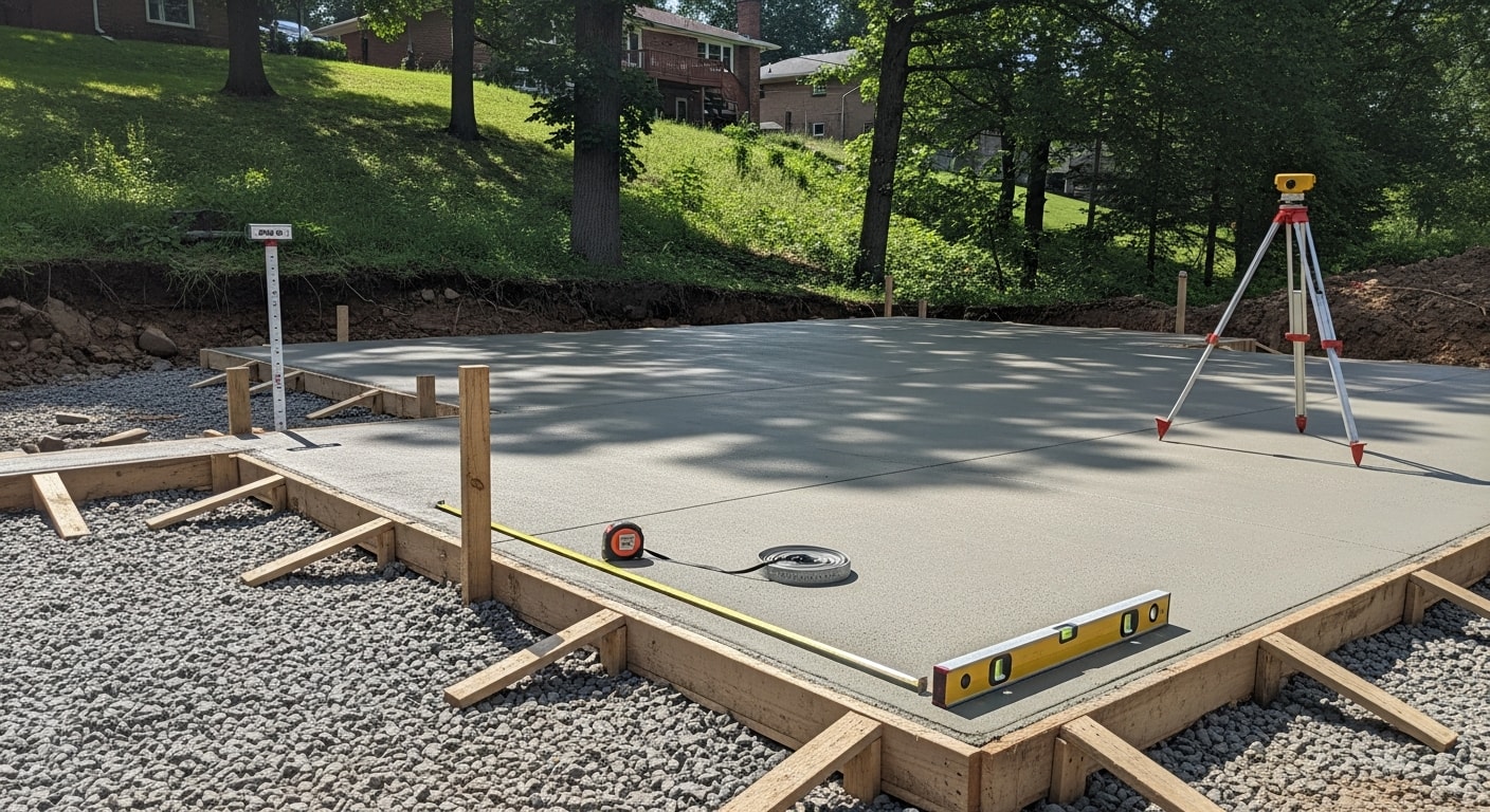A newly constructed detached two-car garage with a concrete driveway apron on a residential Pittsburgh property. The structure features a gabled roof and painted wood siding matched to the adjacent home.
