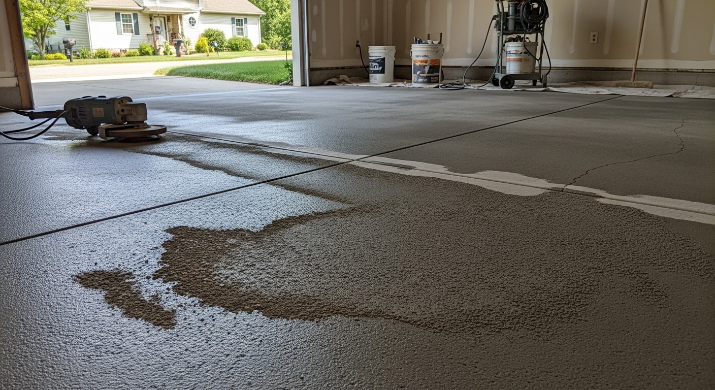 Freshly installed and coated garage floor inside a Pittsburgh residential garage, showing a smooth, uniform surface free of cracks and salt staining. The finished floor reflects overhead lighting with no visible pitting or peeling along the concrete slab.