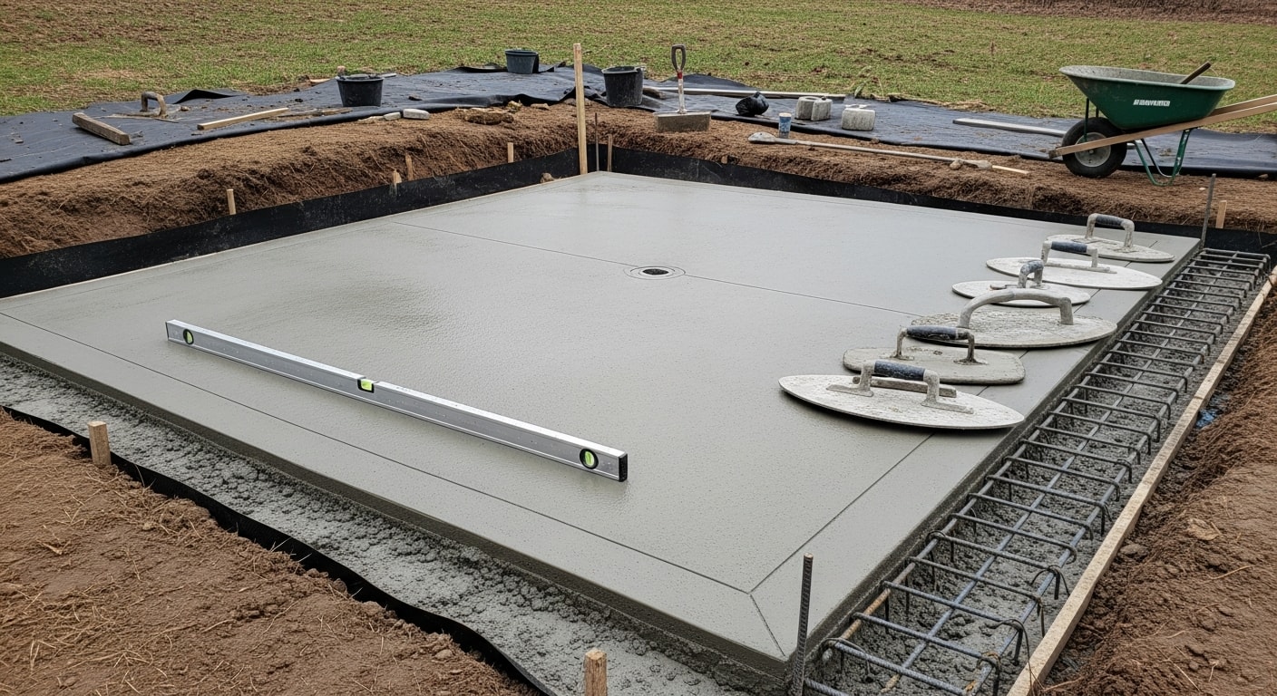 A freshly poured, reinforced concrete hot tub pad in a Pittsburgh backyard, level and ready for spa installation. The pad sits on compacted ground with clean formed edges and a smooth surface finish.