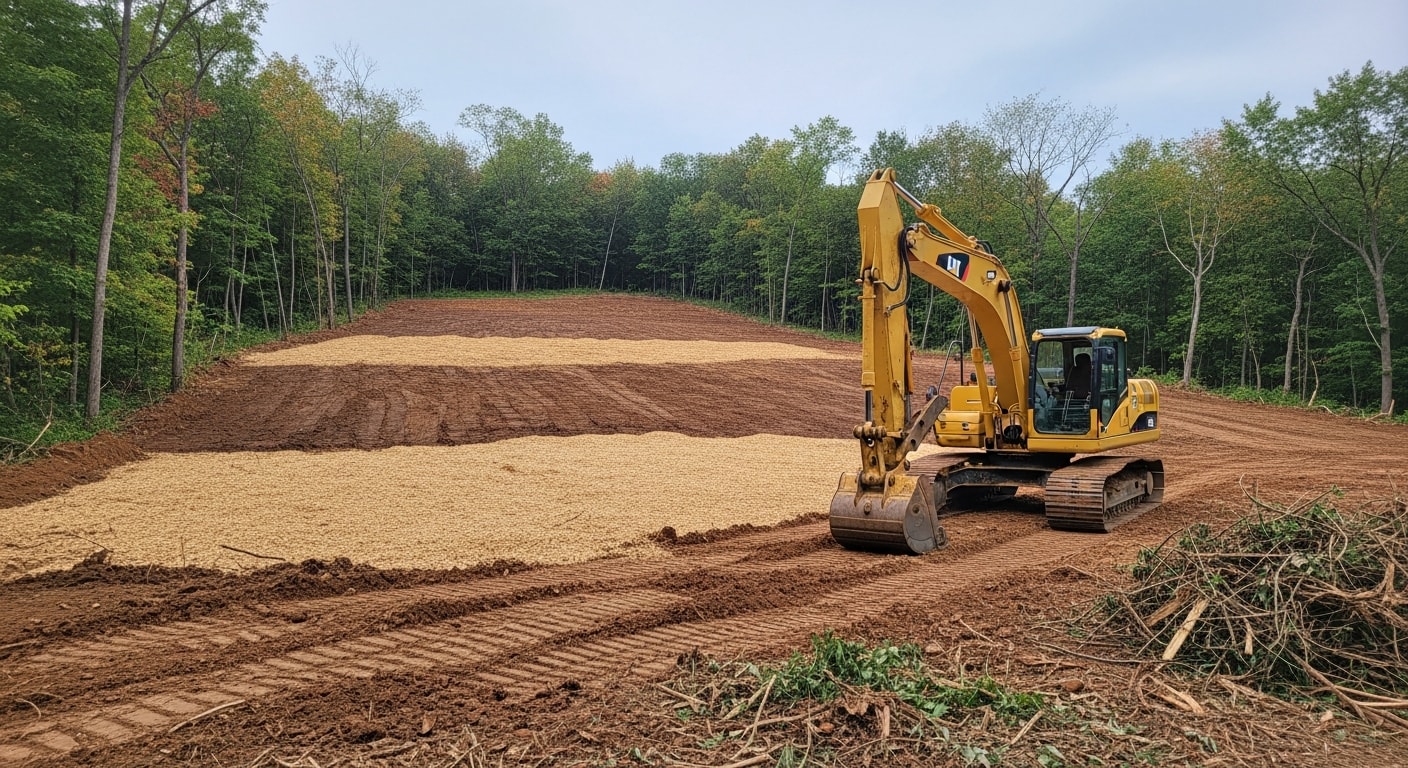 A Pittsburgh residential lot after land clearing by George Construction LLC, showing removed trees and brush with exposed graded soil ready for construction. Heavy excavation equipment is visible on a sloped western Pennsylvania terrain.