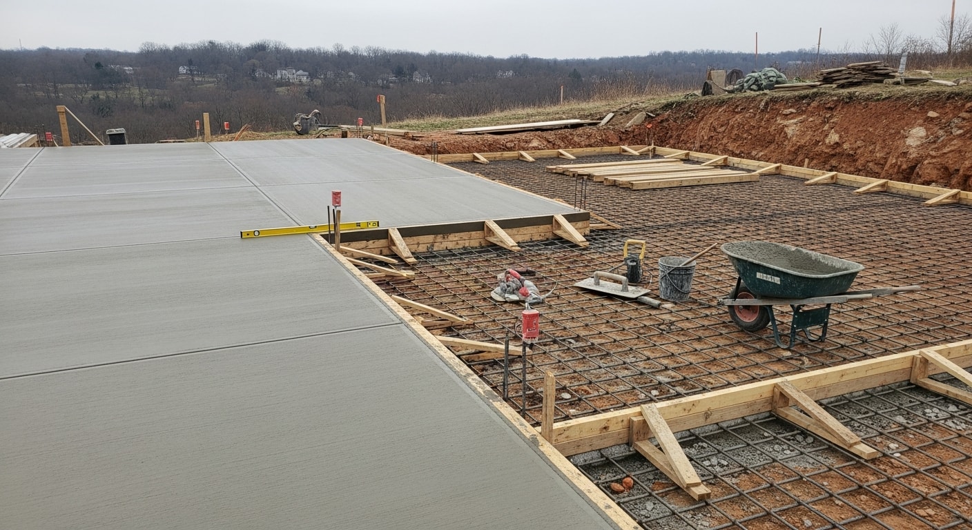 Freshly poured and finished concrete floors across two levels of a Pittsburgh split-level home, showing a smooth lower basement slab and an upper garage floor with clean edges and consistent surface texture. The multi-level layout reflects the hillside construction common across Pittsburgh residential properties.