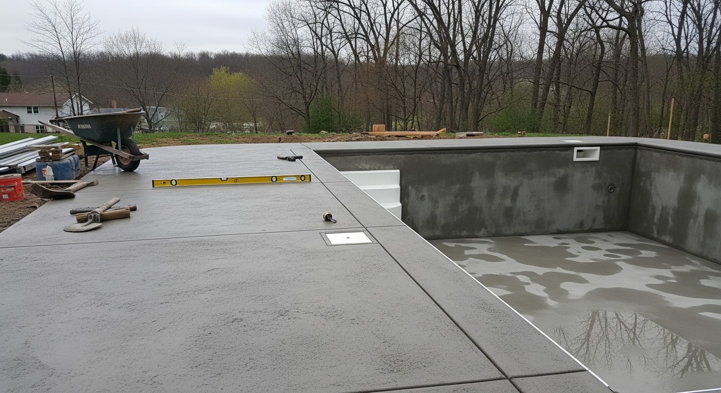 A newly installed pool deck surrounding an inground swimming pool in a Pittsburgh residential backyard. The surface is clean and level with a slip-resistant finish, set against a typical Pittsburgh home exterior.