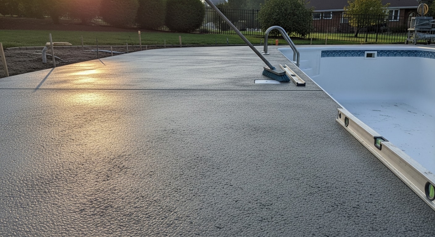Freshly poured and textured concrete pool surround installed around an inground pool in a Pittsburgh backyard. The slab shows a broom-finish surface with clean edges and a slight slope away from the pool.