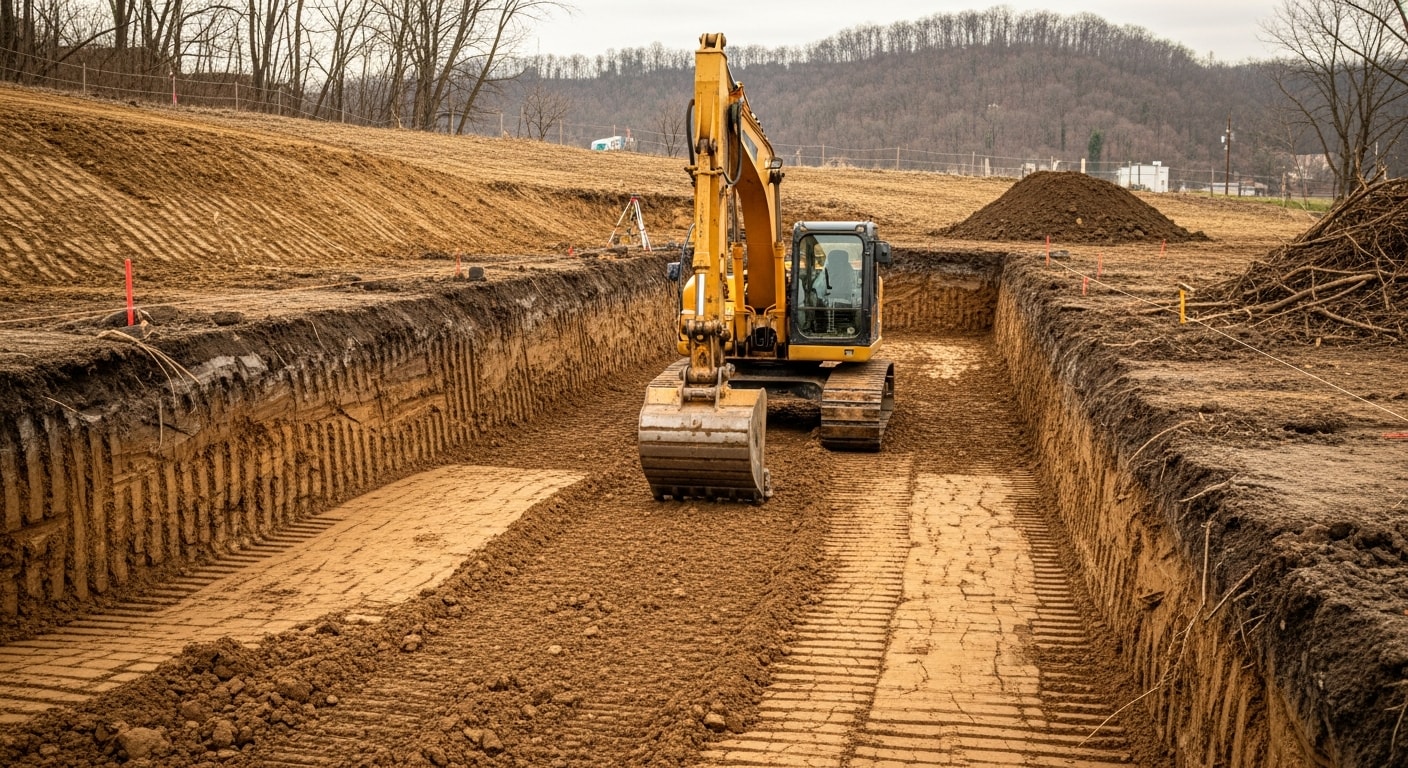 A tracked excavator cutting and grading a sloped residential lot in Pittsburgh, Pennsylvania, with cleared soil and exposed subgrade ready for foundation work. Surrounding terrain shows the hilly Allegheny County landscape typical of the region.