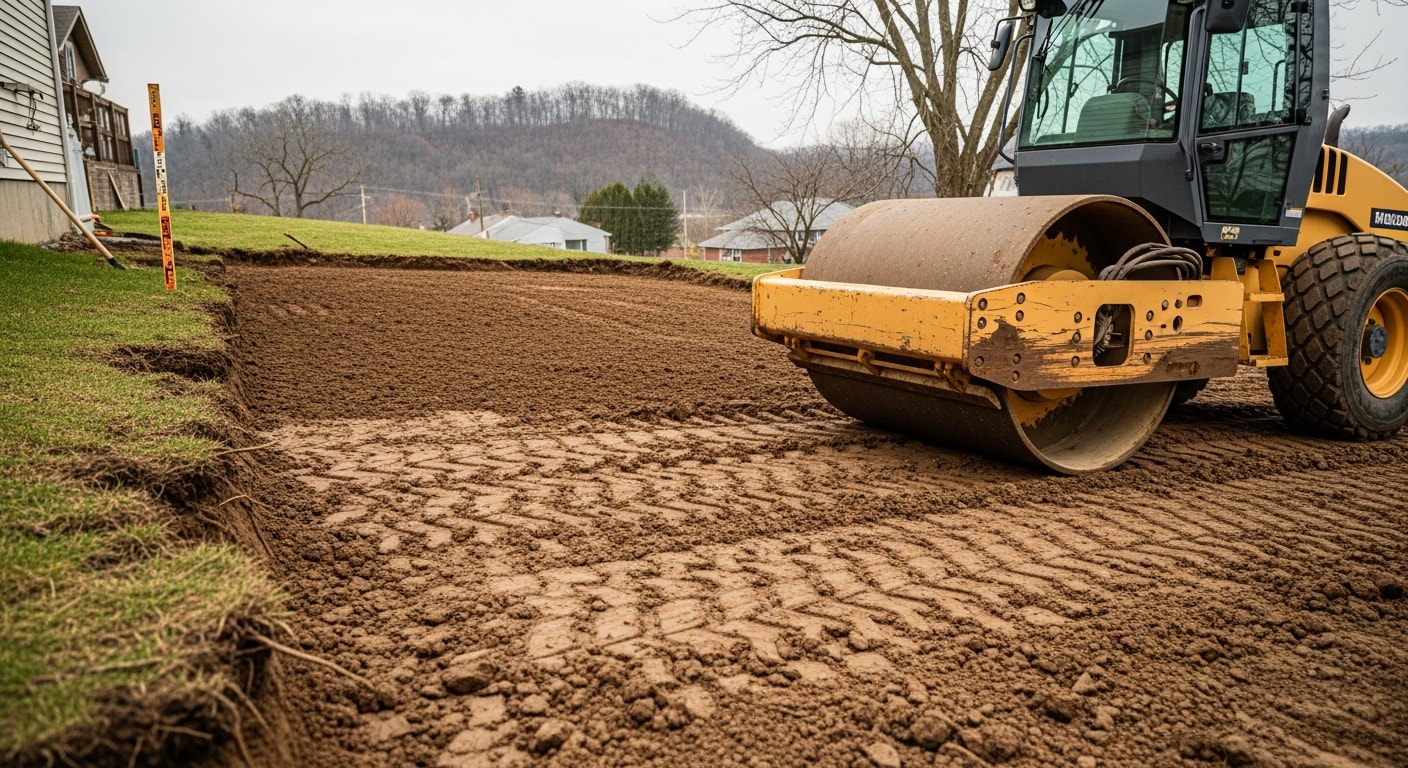A Pittsburgh residential lot with freshly graded and compacted soil sloping away from a home's foundation. An excavator sits in the background on a hillside property with exposed subgrade ready for construction.