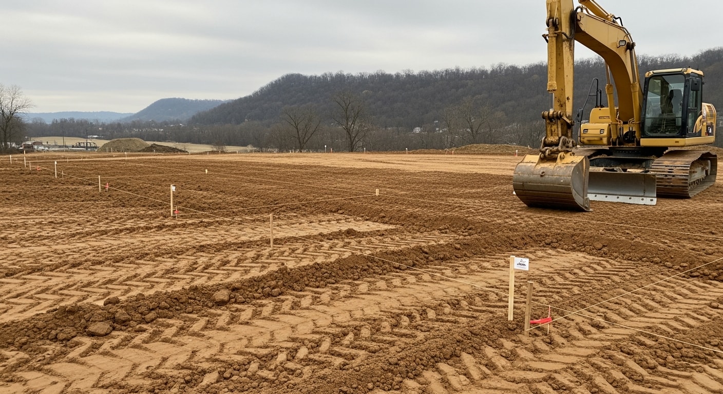 A tracked excavator grading a sloped residential lot in Pittsburgh, with cleared topsoil and rough-cut earthwork visible across the prepared building pad. The surrounding terrain shows the rolling hillside typical of Allegheny County properties.