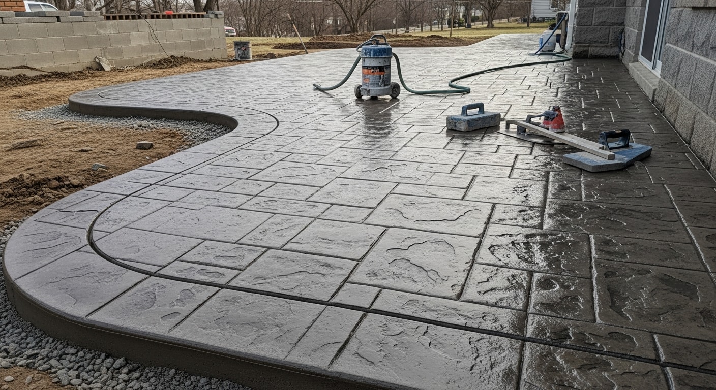 Freshly installed stamped concrete patio behind a Pittsburgh residential home, showing a slate-pattern surface with color finish. The slab extends from the back of the house toward a grassy yard under overcast Pittsburgh skies.