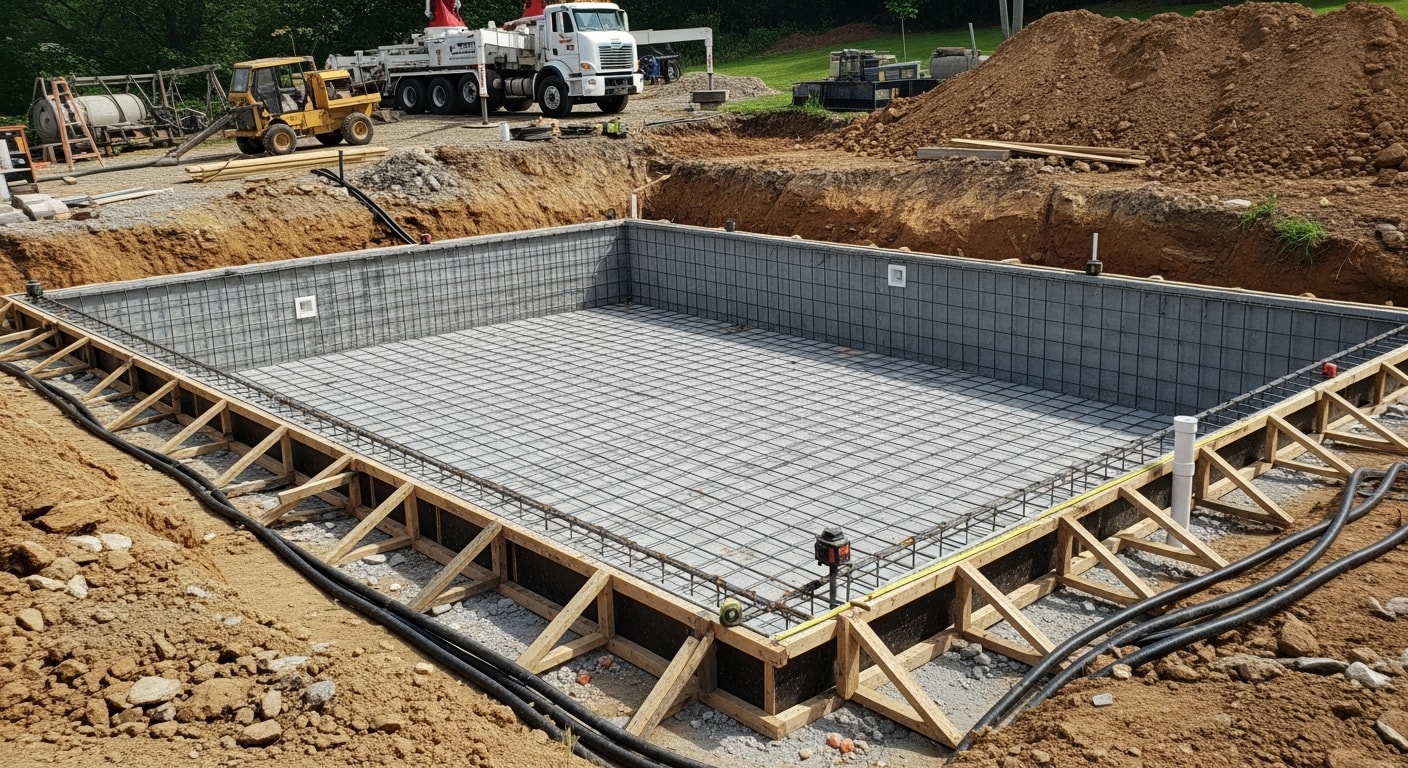 A newly constructed inground swimming pool in a Pittsburgh backyard, showing finished concrete decking and clear blue water. The surrounding yard reflects a typical Pittsburgh residential lot with a sloped grade and established landscaping.